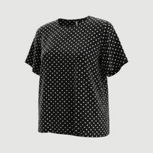 Nora Noh Womens XL Black Cream Polka Dot 100% Silk Short Sleeve Blouse Top